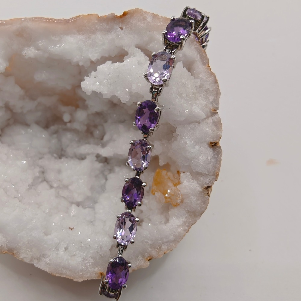 Signed CN 925 Sterling Silver Two Tone Amethyst Tennis Bracelet 7 Inch Purple - Picture 4 of 8